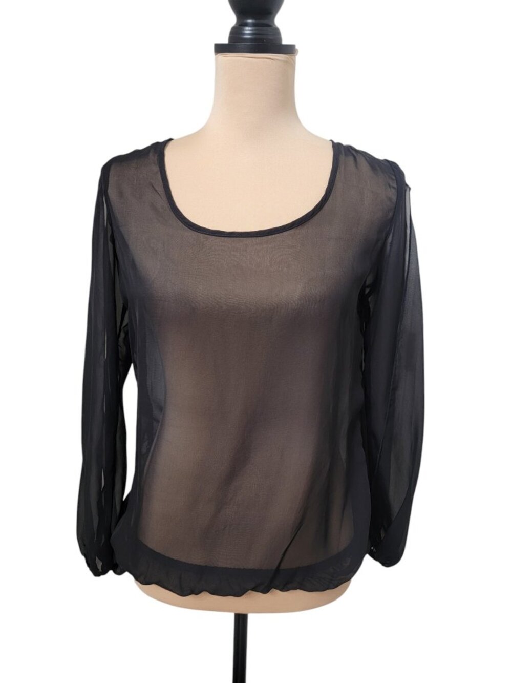 Dots Size S Vintage Sheer Black Mesh Blouse with Open Sleeves.